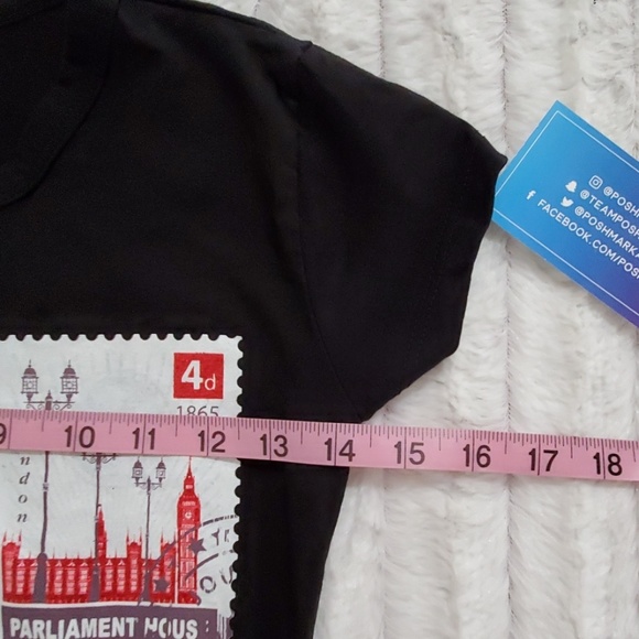 UK London multicolor scenic stamp landmark graphics black cap sleeve tee XS SM - Picture 5 of 8